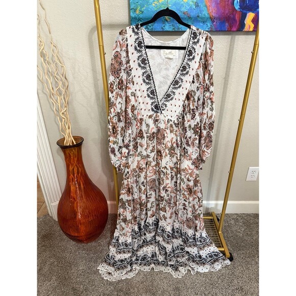 Anthropologie Pink and Tan Smocked Maxi Dress with Bishop Sleeves - Picture 3 of 8